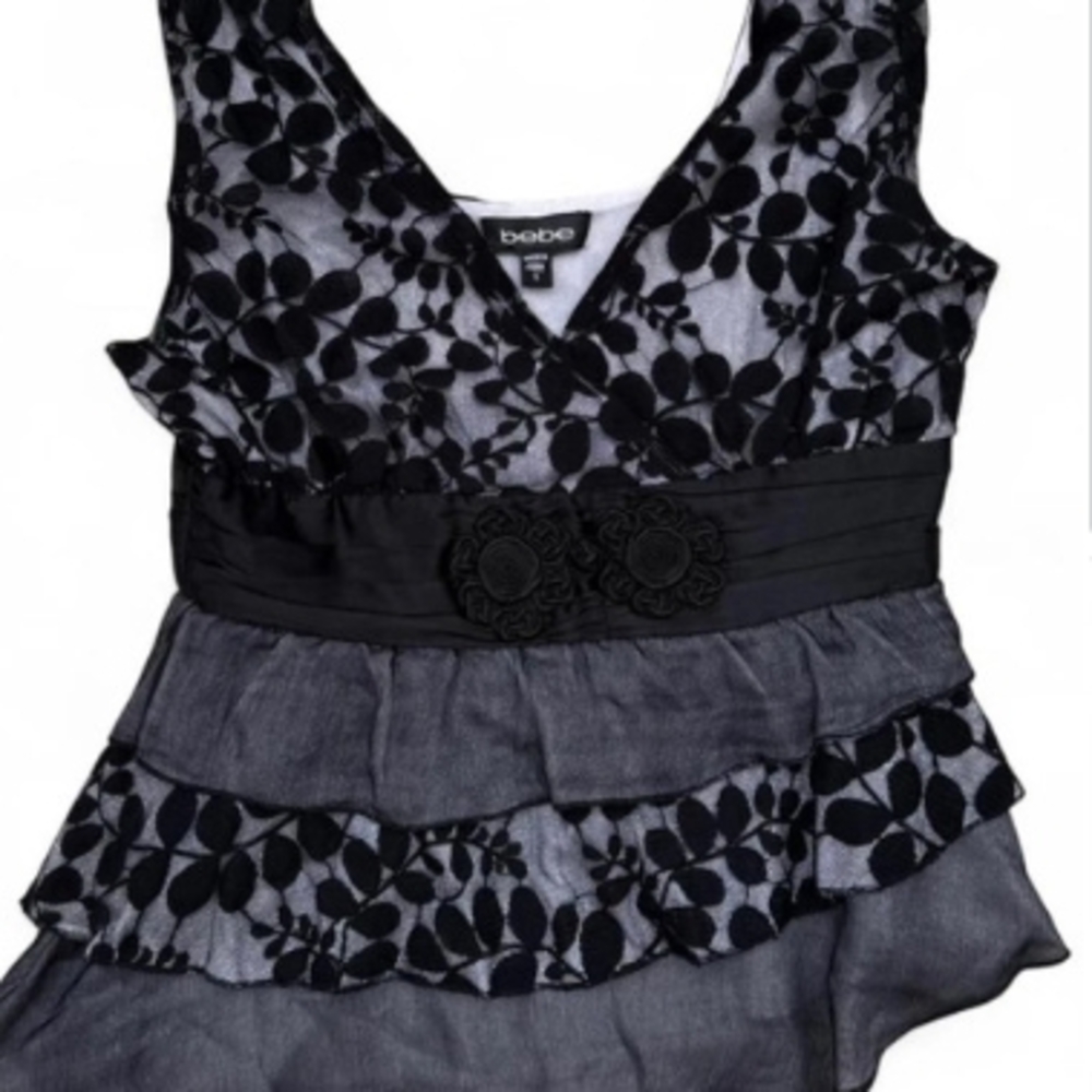 Bebe Black and White Ruffled Embellished Babydoll Dress